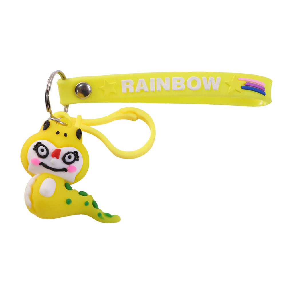 Dinosaur keychain with rainbow strap decorating a backpack accessory