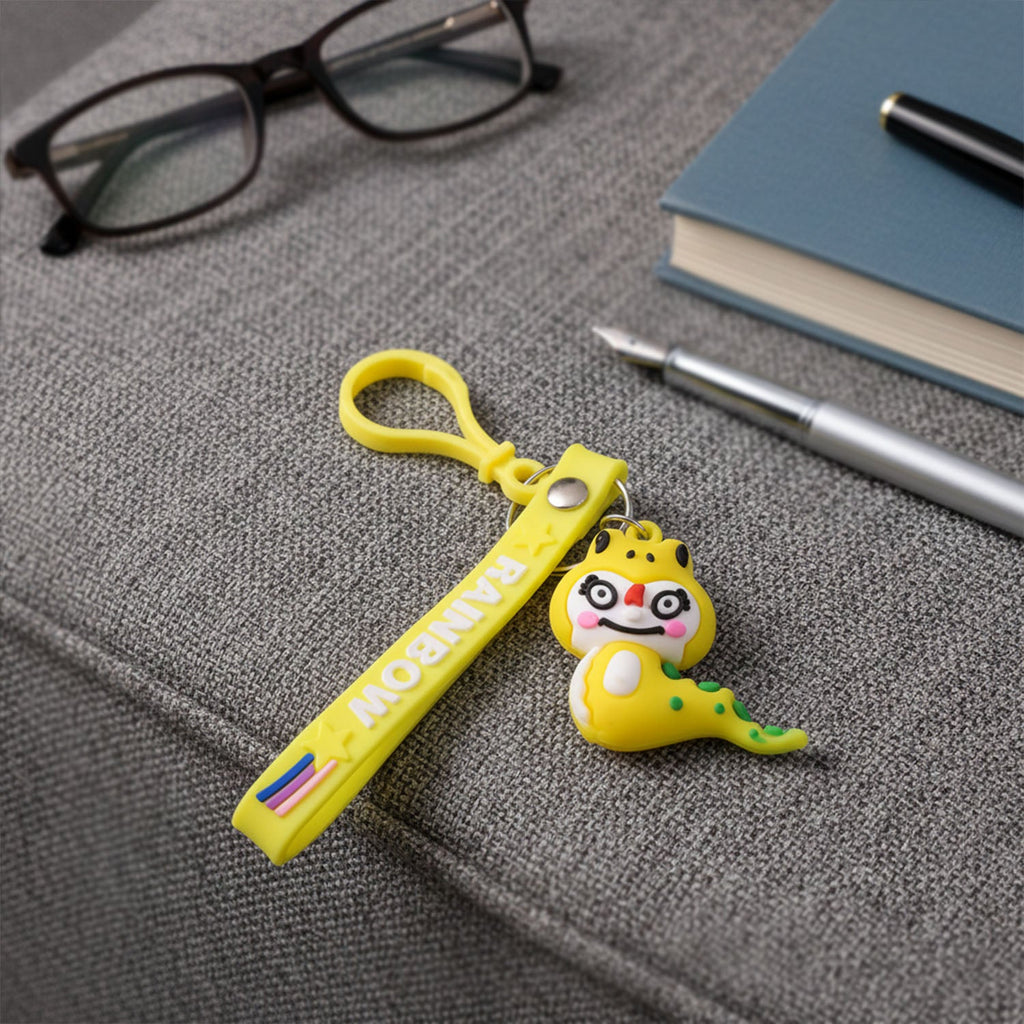 Dinosaur cartoon keychain attached via metal clip to bag zipper