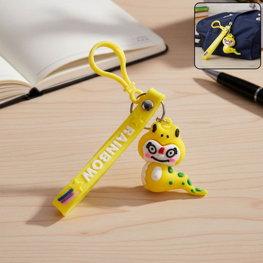 Cute cartoon dinosaur keychain with vibrant rainbow strap and metal clip hook