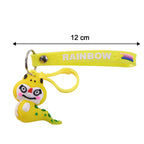 Size reference image showing dinosaur cartoon keychain with clip and rainbow strap