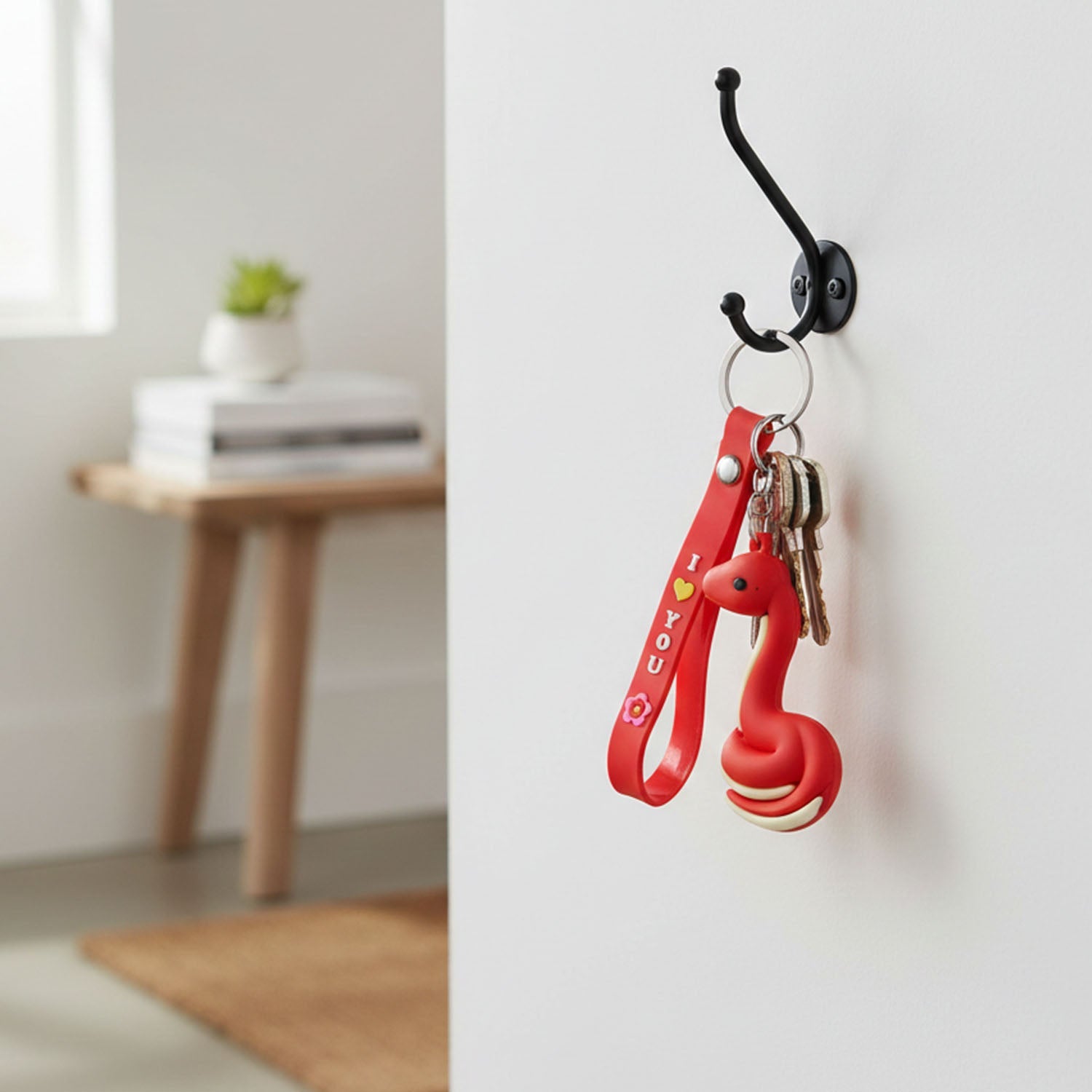 Full design of cartoon snake keyring with clip and 'I Love You' strap