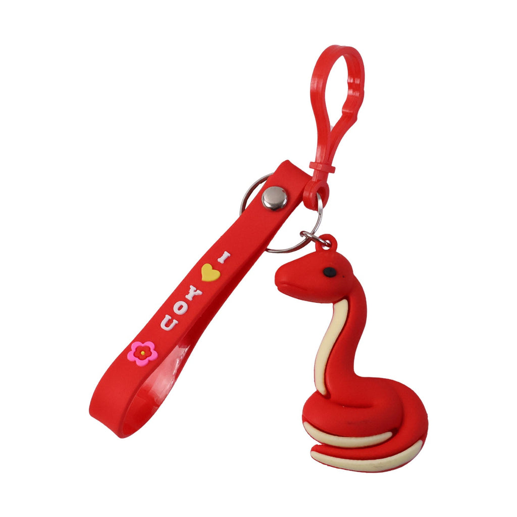 Close-up of cartoon snake keychain showing decorative 'I Love You' text strap