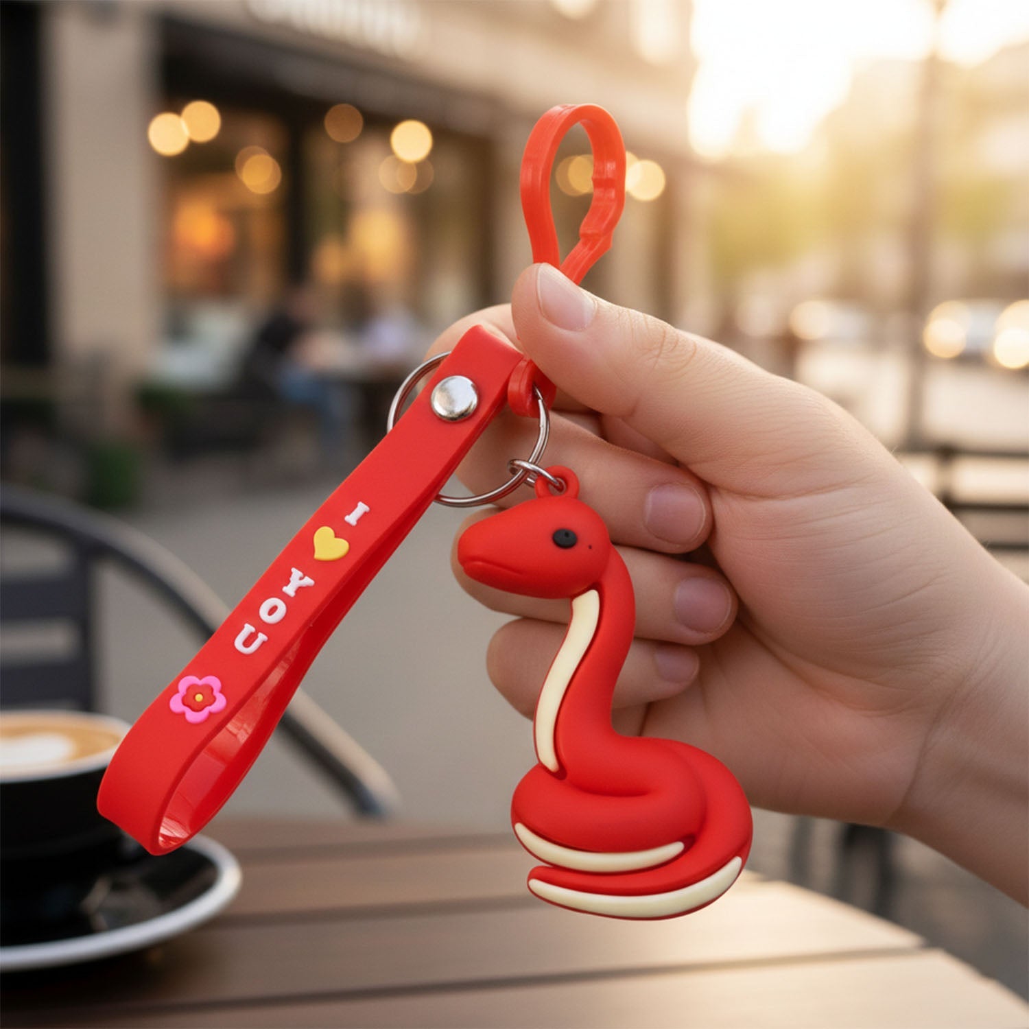 Close-up detailed view of the cartoon snake keychain figure with smooth finish