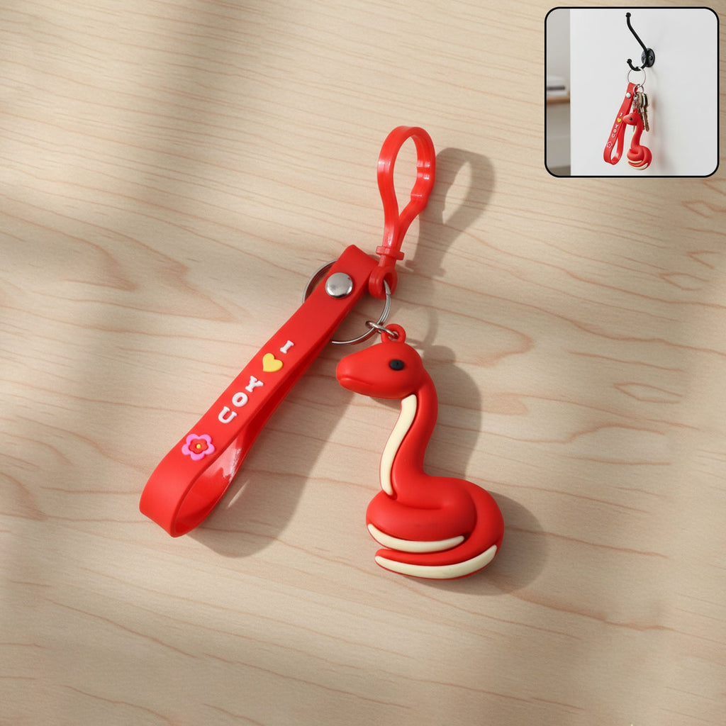 Cute cartoon snake keychain with vibrant 'I Love You' strap and clip hook