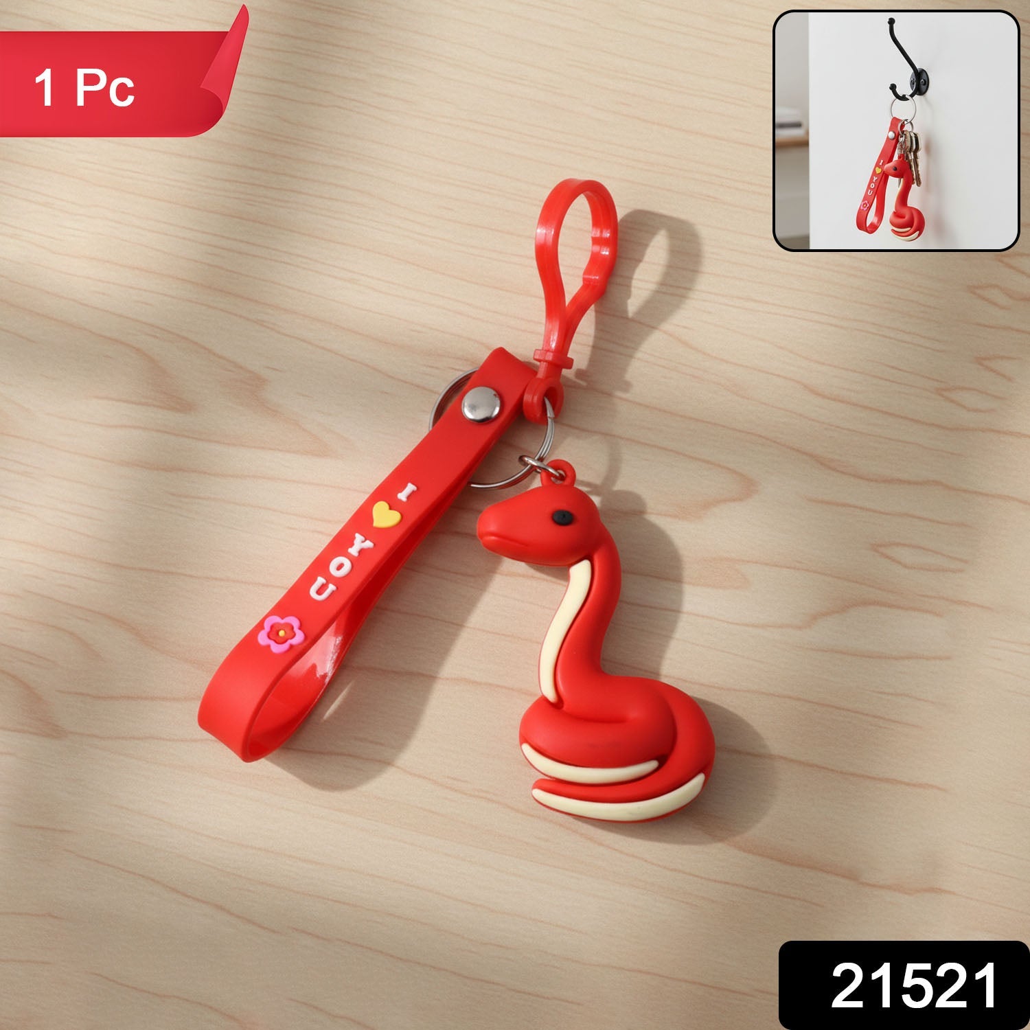 Cartoon snake keychain featuring a colorful 'I Love You' strap and sturdy clip