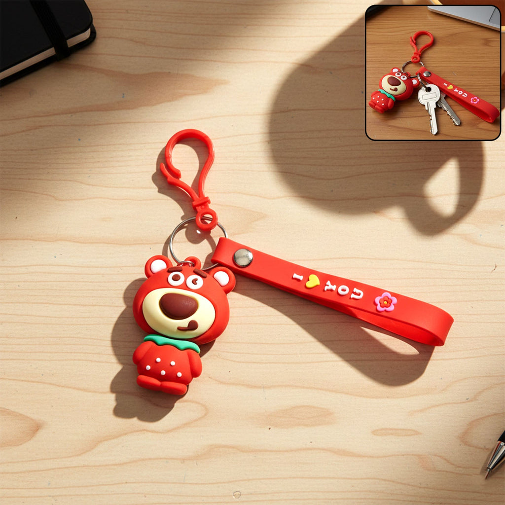 Cartoon bear figure keychain with decorative strap and hanging clip