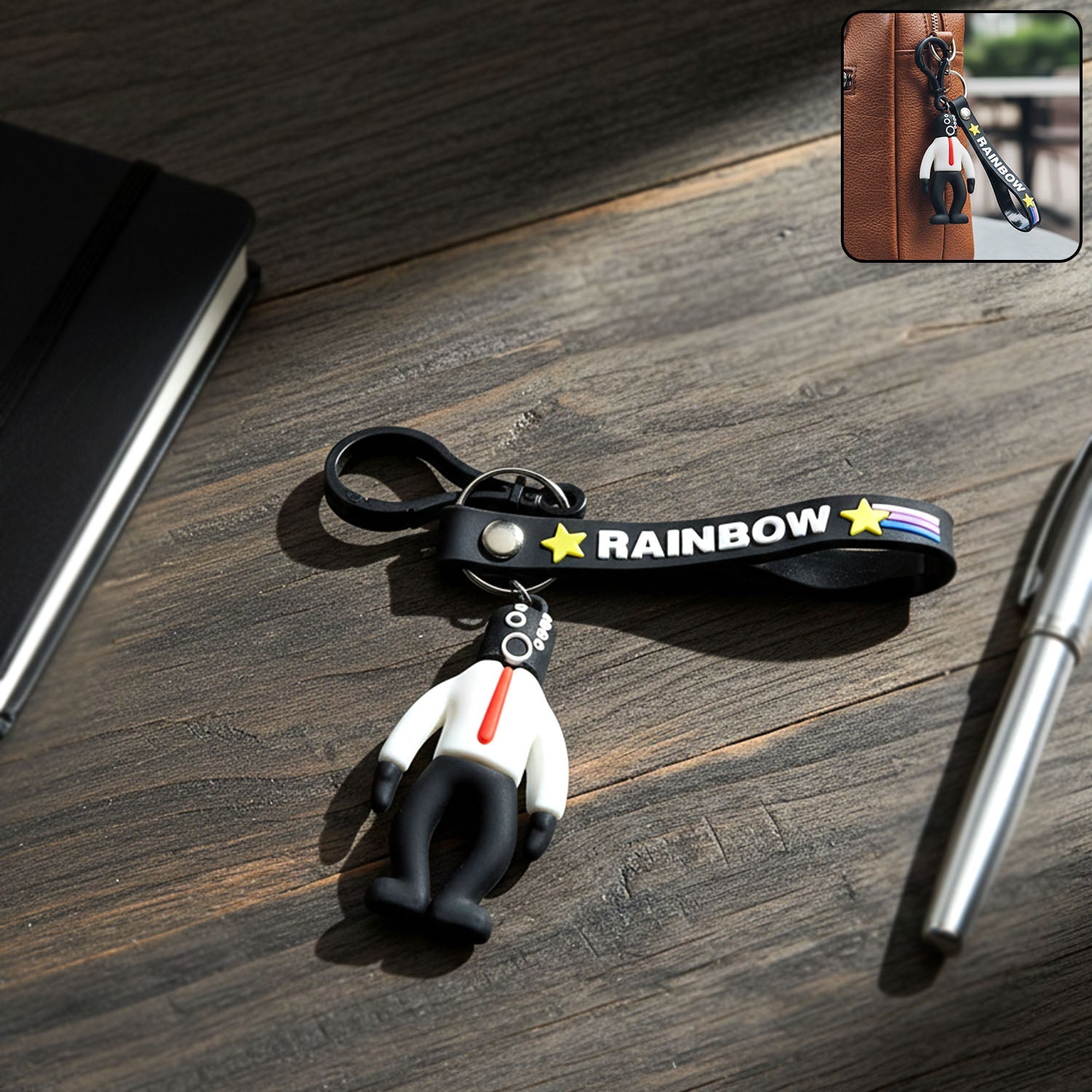 Cartoon man keychain with vibrant rainbow strap attached to keys