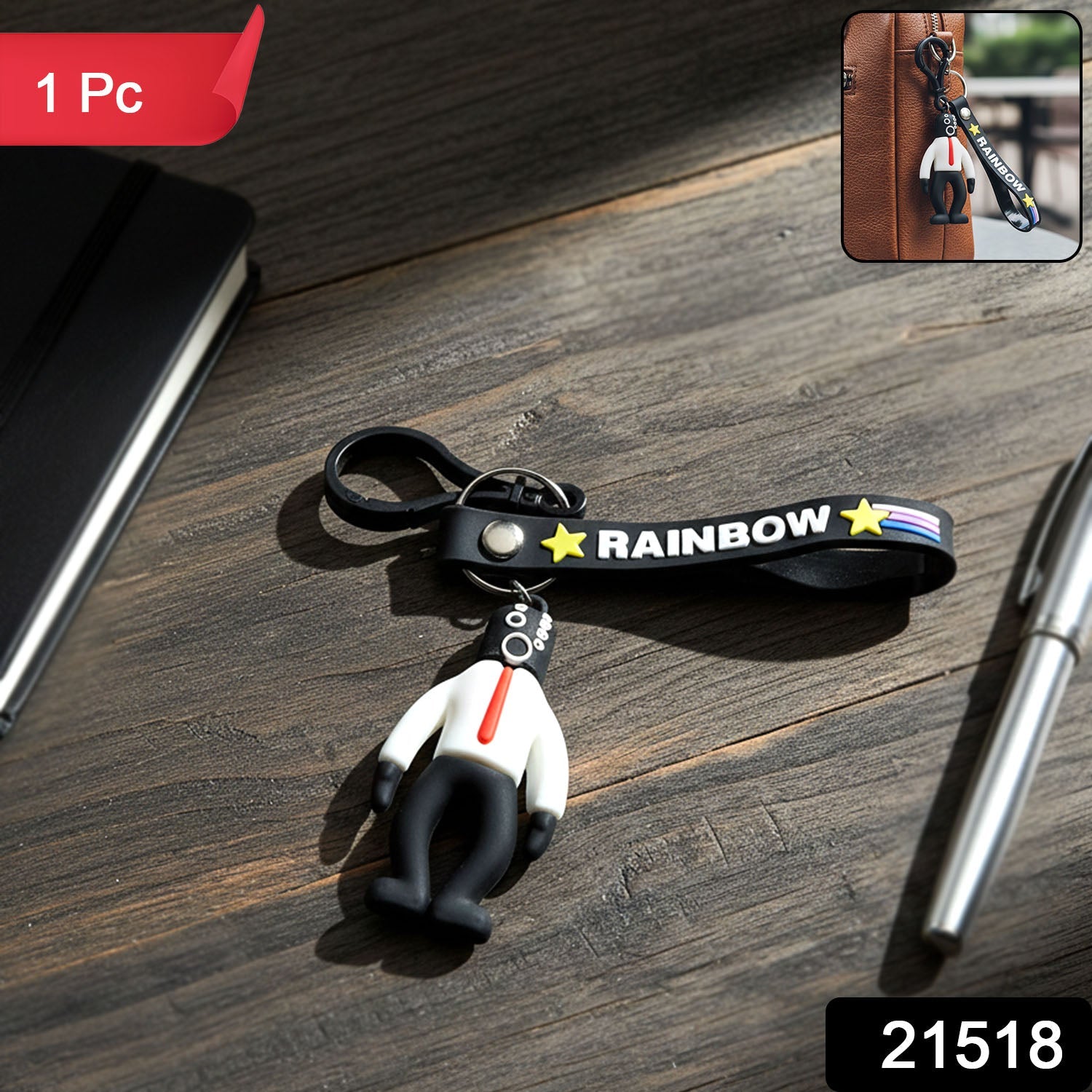 Close-up of cartoon man figure keychain charm with colorful details