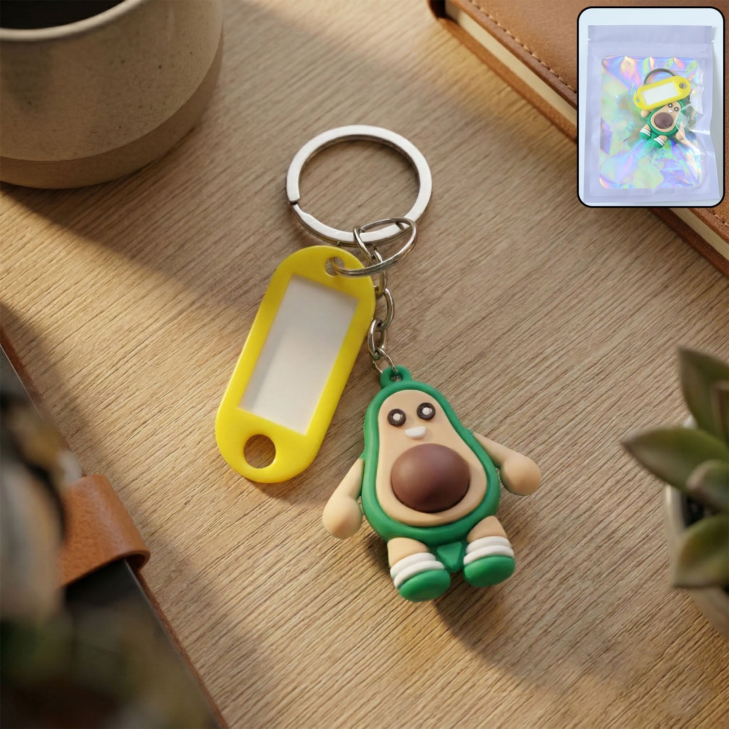 Cute avocado cartoon character keychain with name tag holder