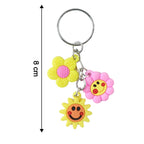 Size comparison of flower cartoon keychain alongside everyday items