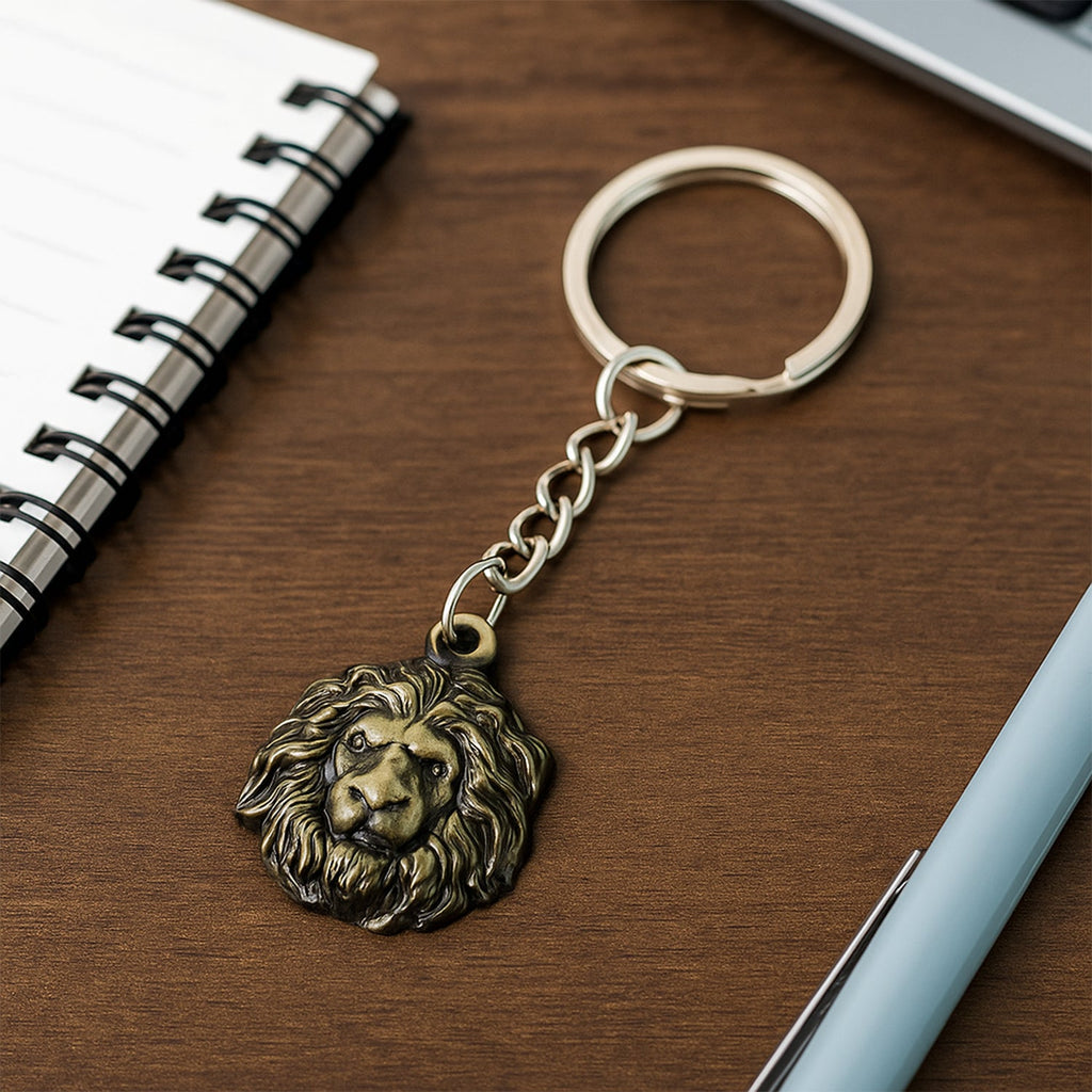 Lion head keychain displayed on white background highlighting stylish look
