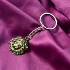 Side angle of metal lion head keychain emphasizing quality and design