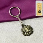 Front view of lion head metal keychain showcasing intricate design