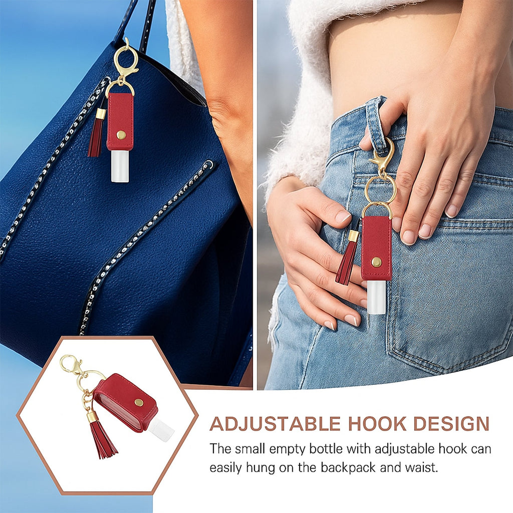 Open faux leather sanitizer holder keychain showing clear refillable bottle