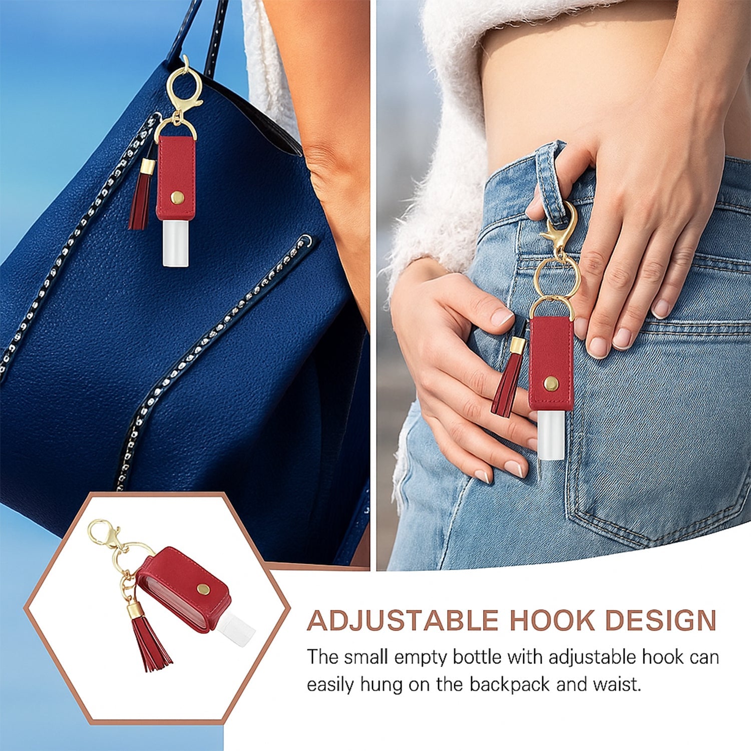 Open faux leather sanitizer holder keychain showing clear refillable bottle
