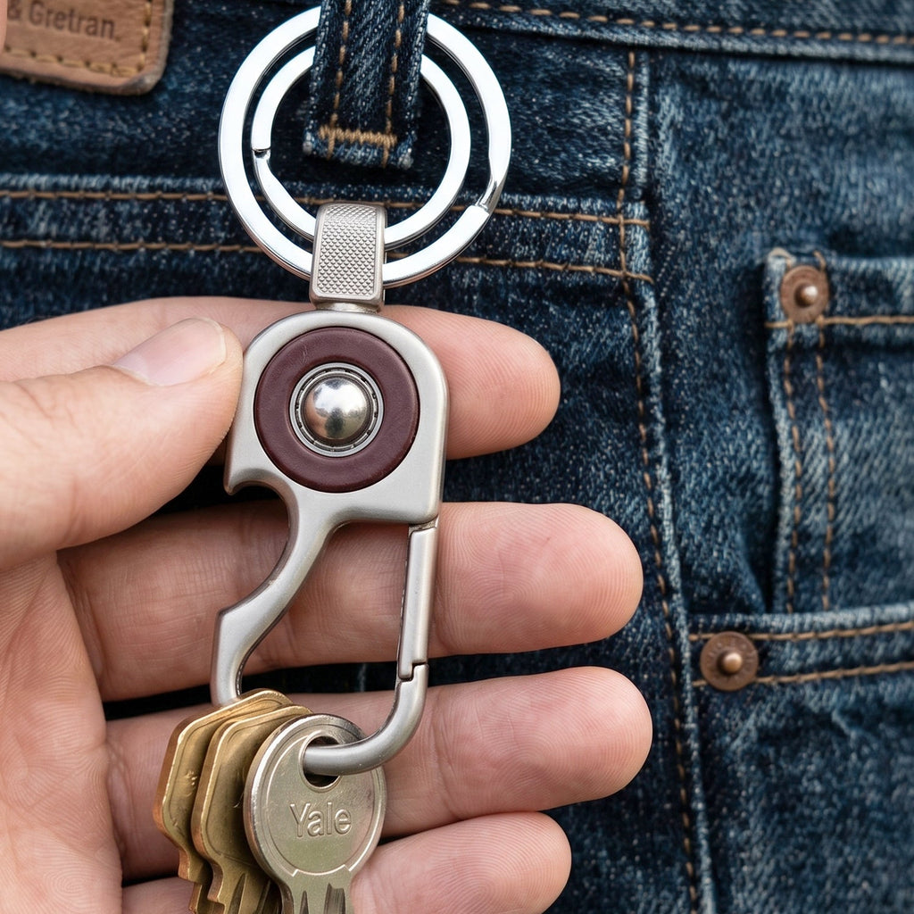 Portable metal key holder with dual rings for organizing multiple keys.