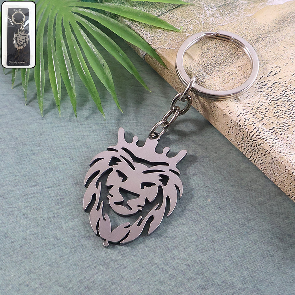 Front view of metal lion head keychain featuring a crowned lion design