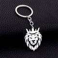 Durable stainless steel lion head keychain with crown design on a white background