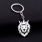Durable stainless steel lion head keychain with crown design on a white background
