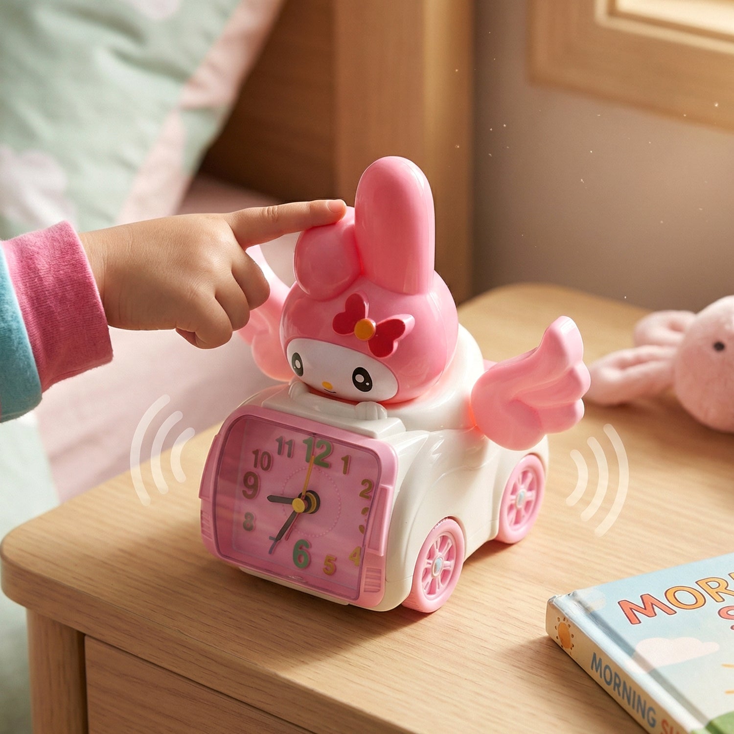 Whimsical kids alarm clock with bunny and car features