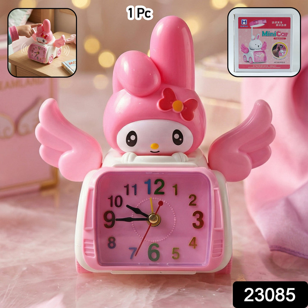 Cute cartoon bunny character alarm clock with wheels