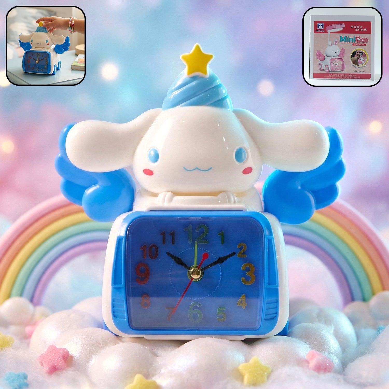 Colorful cartoon bunny angel kids alarm clock with detailed design