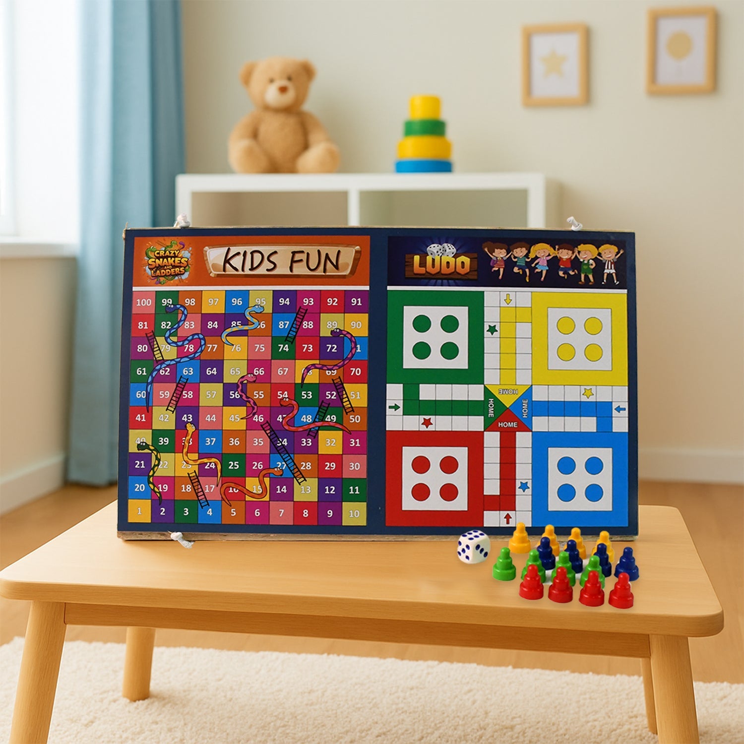 Foldable wooden board game set open displaying the Ludo game