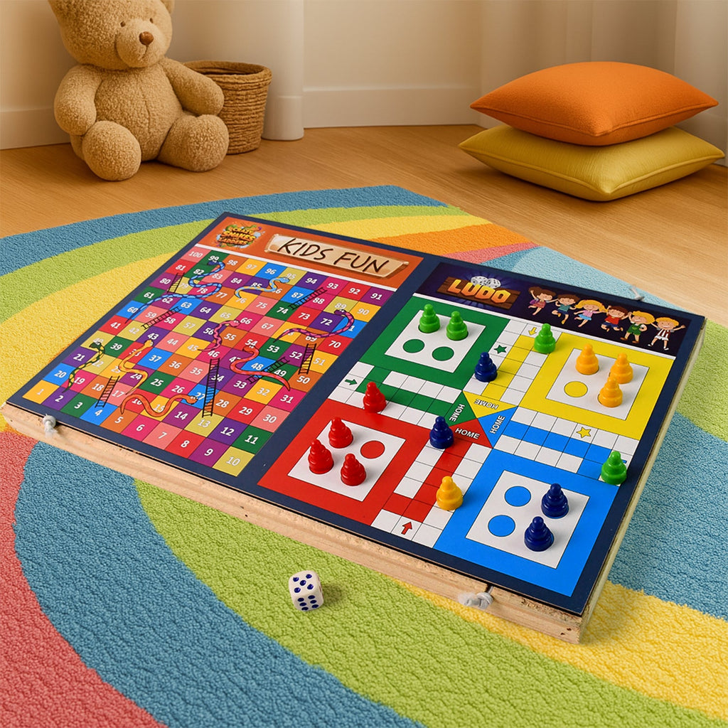 Playing pieces including pawns, dice, and strikers of the wooden board game set