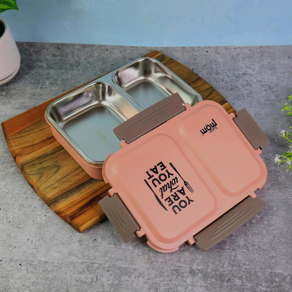 Stainless steel lunch box fitting neatly inside a backpack for easy transport