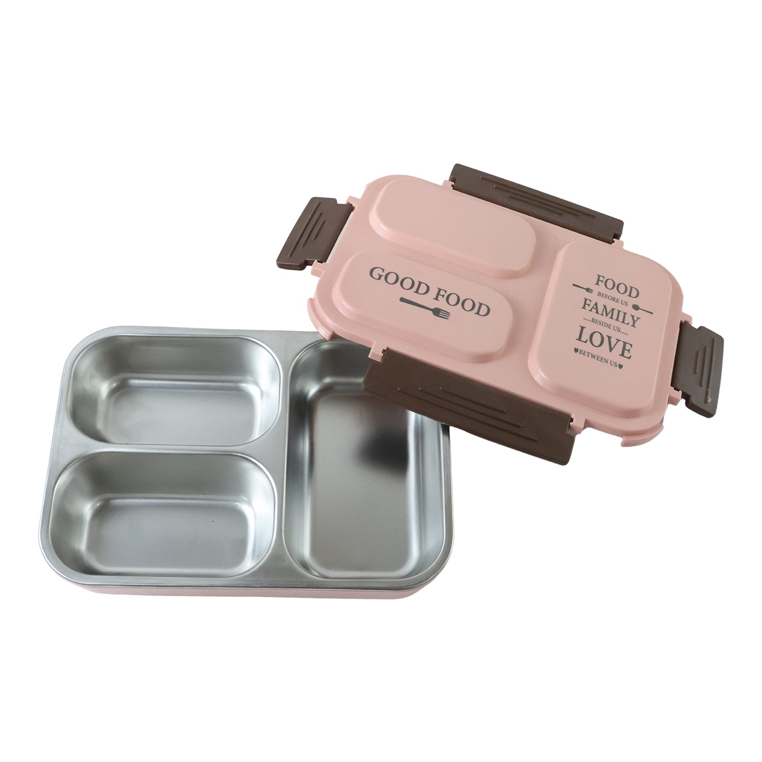 Lunch box showing leak-proof plastic lid sealed with clip locks