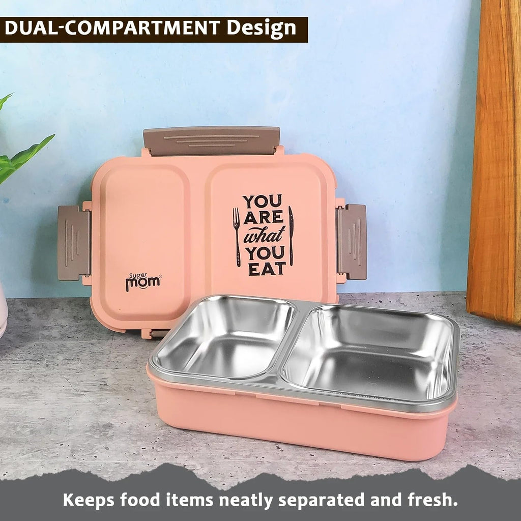 Side view of stainless steel lunch box showing three fixed compartments