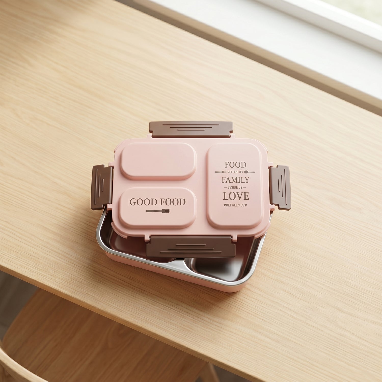 Top view of leak-proof stainless steel lunch box with three compartments