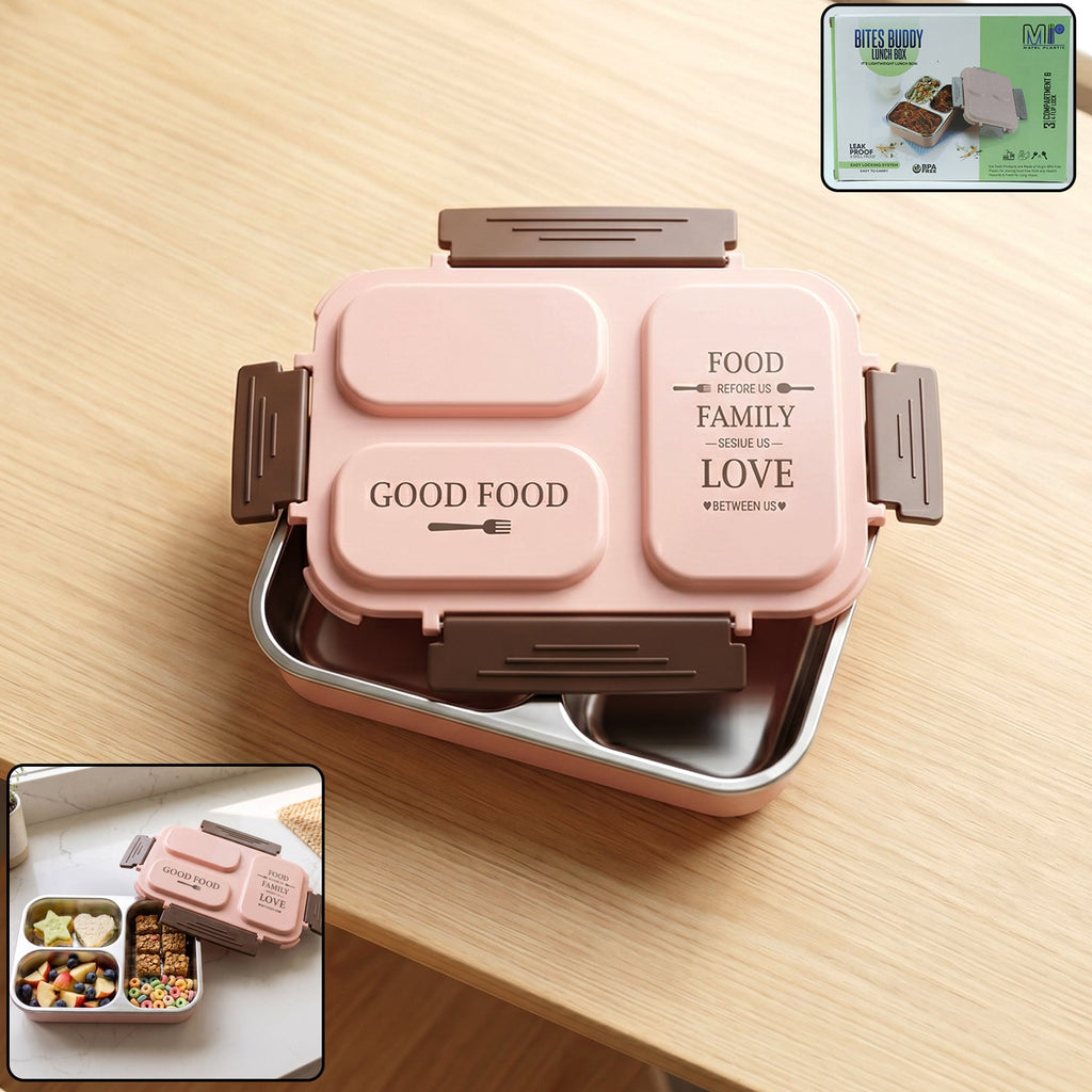 3-compartment stainless steel lunch box with secure clip-lock leak-proof plastic lid