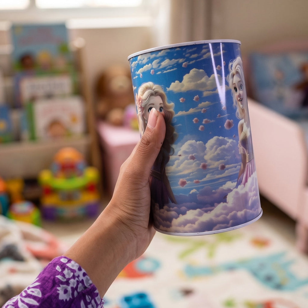 Side view of sturdy metal coin box with princess theme.