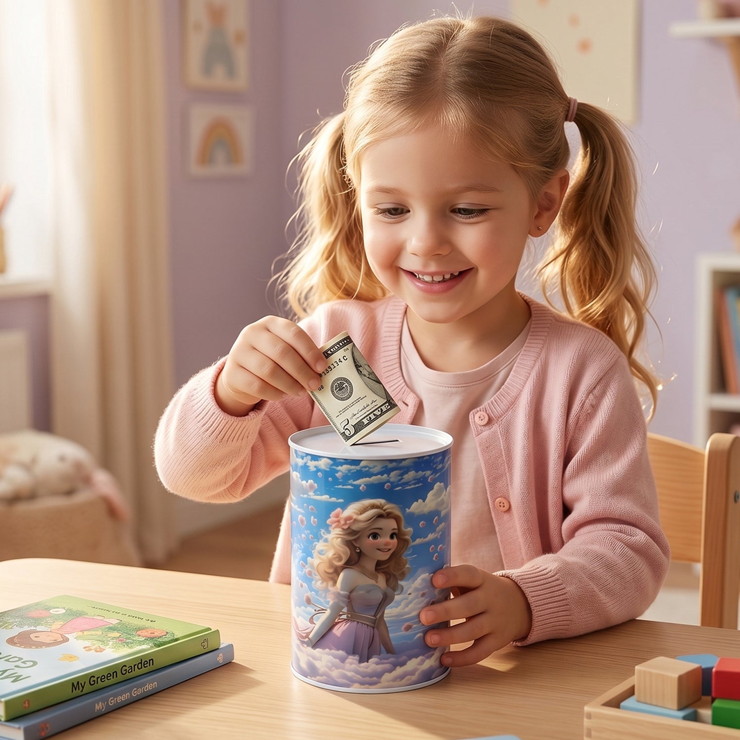 Close-up of coin slot on princess themed kids saving box.