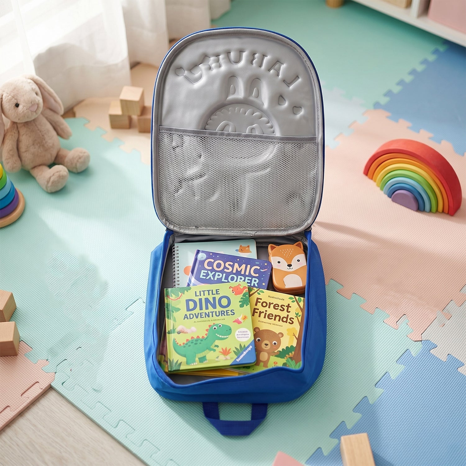 Front view of colorful cartoon printed kids backpack