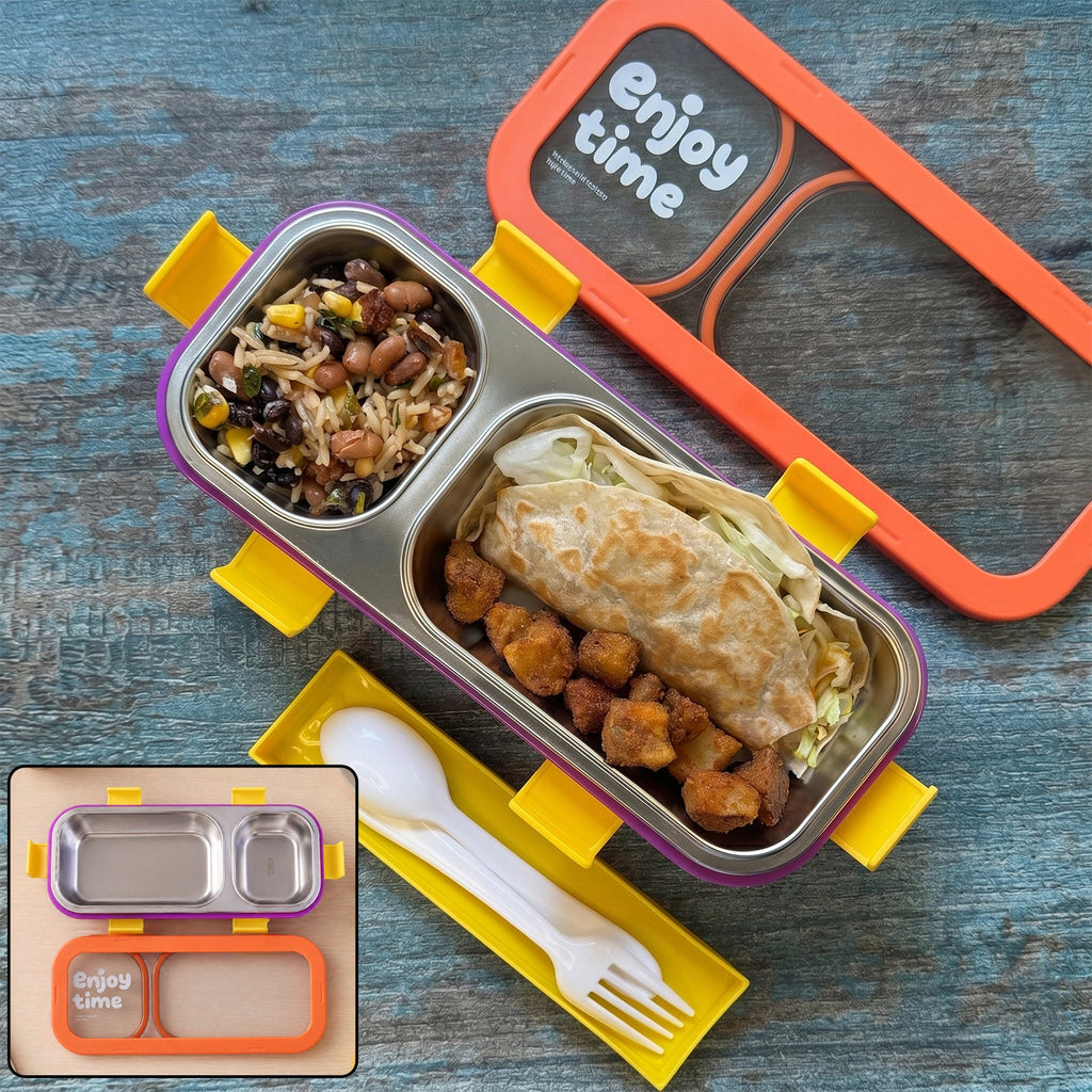Stainless steel lunch box with two compartments and leak-proof seal