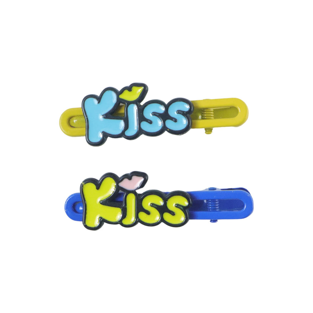 Fashionable hair accessories showcasing Kiss text snap clips