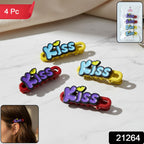 Pack of four Kiss text hair clips with packaging visible