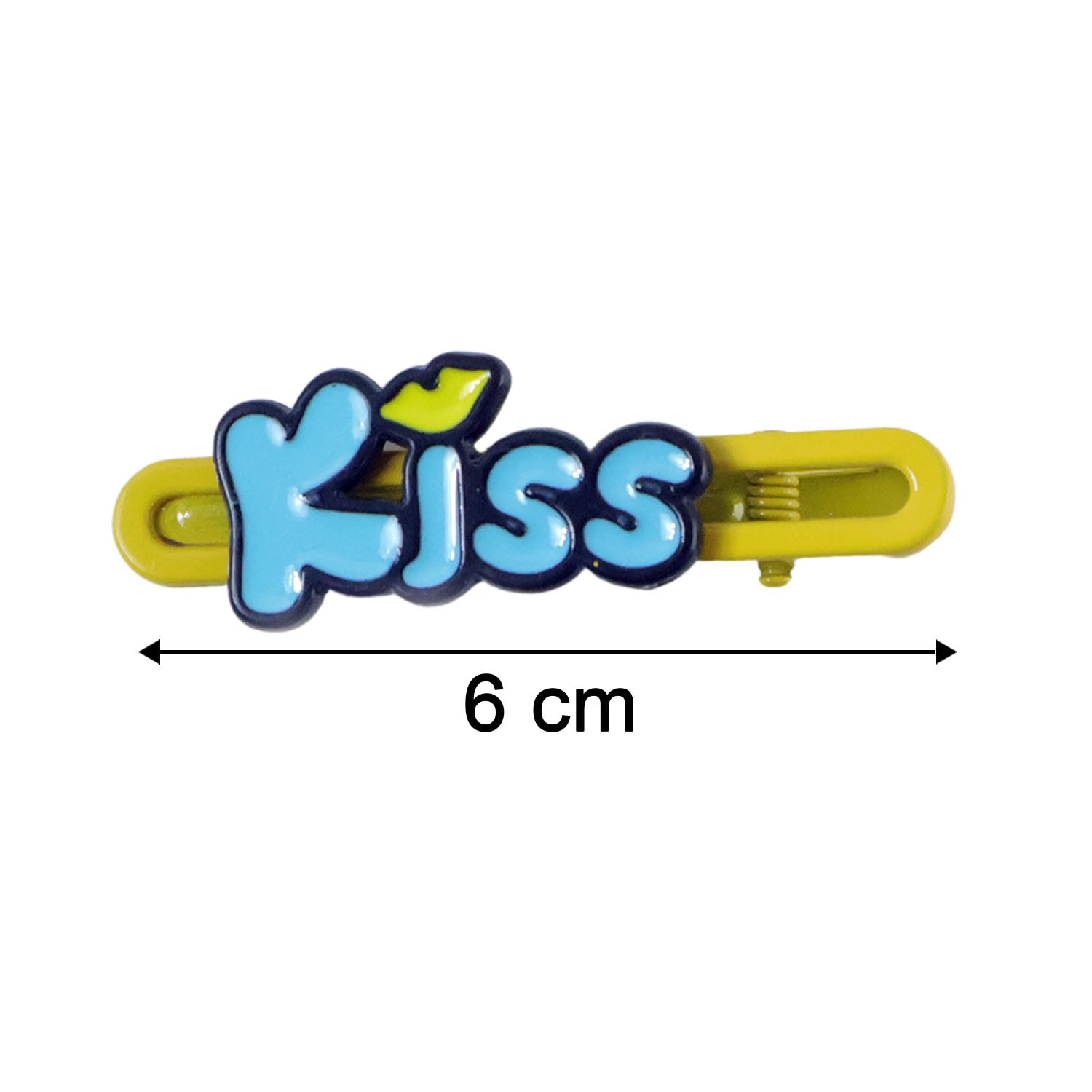 Size chart image for Kiss Text Hair Clip Set showing dimensions