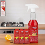 Concentrated kitchen surface cleaner refill kit with spray bottle and sachets