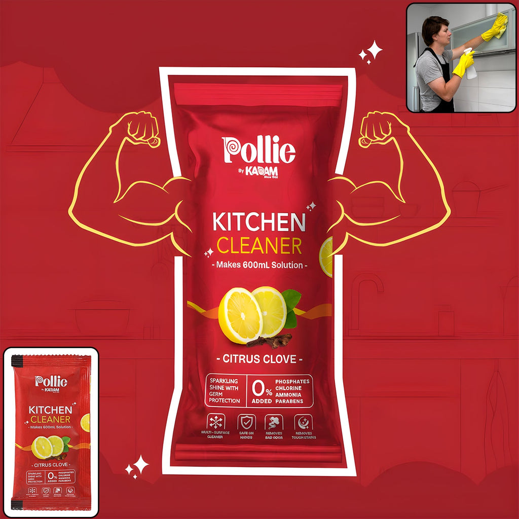 Pollic Kadam Kitchen Surface Cleaner sachet packaging in citrus clove formula