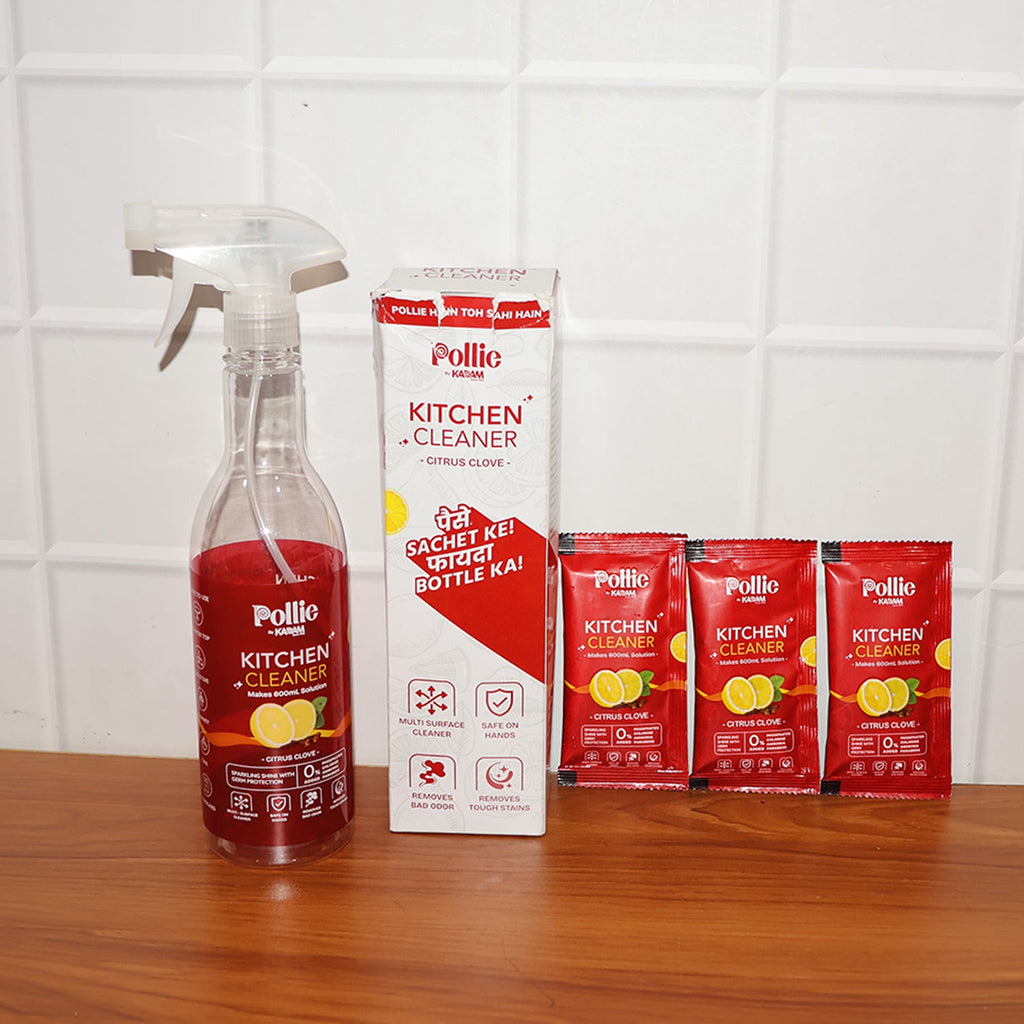 Display of Pollic Kadam kitchen surface cleaner refill sachets and bottle