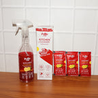 Display of Pollic Kadam kitchen surface cleaner refill sachets and bottle