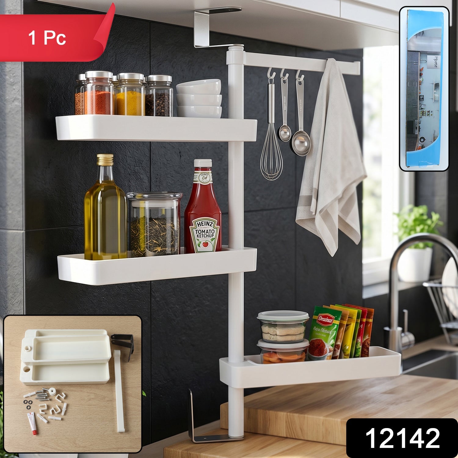 Multipurpose rotating storage rack holding spices and oils in kitchen