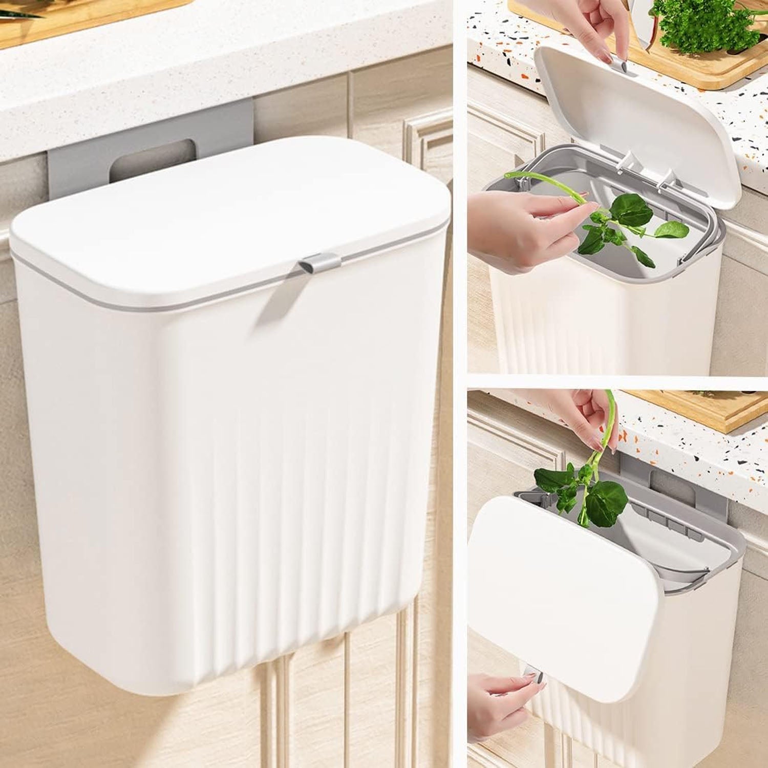 Kitchen dustbin showing its wall and cabinet hanging mechanism