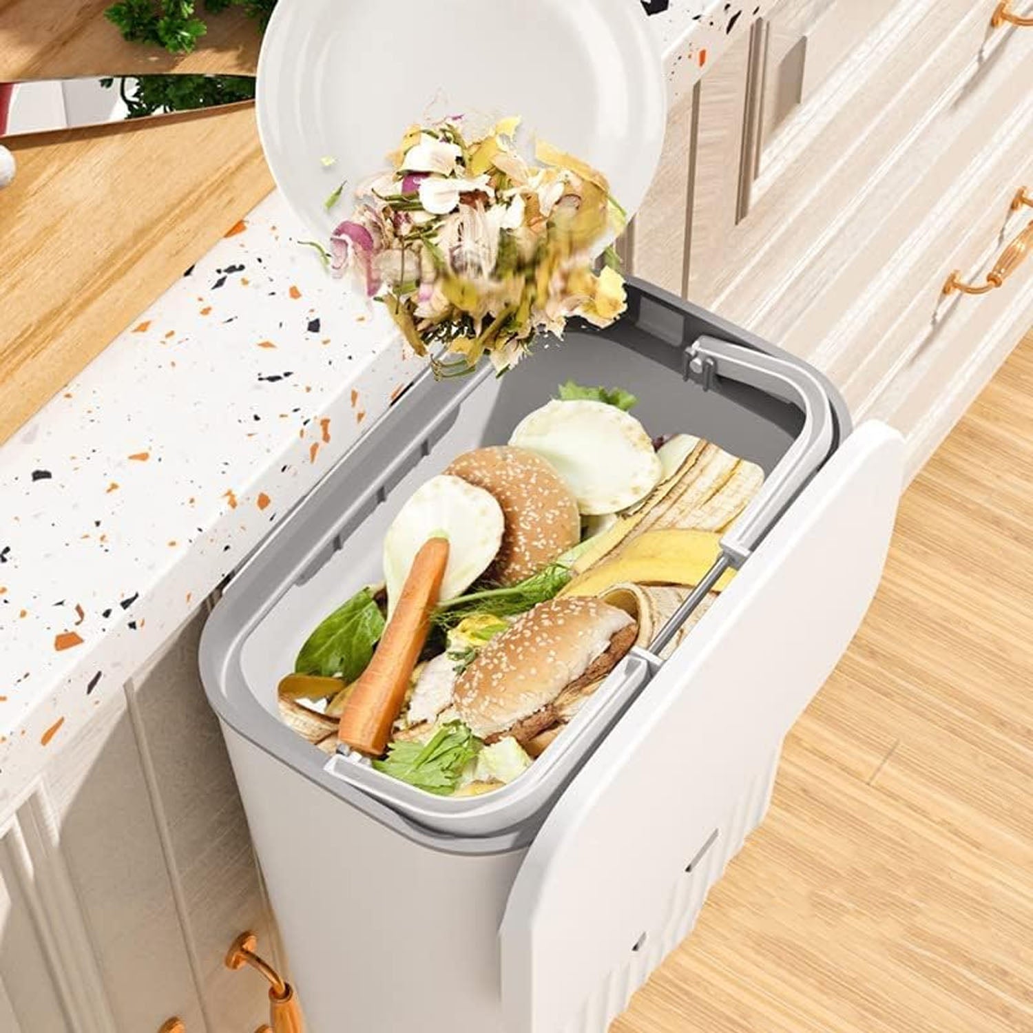 Side view of space-saving kitchen dustbin with lid