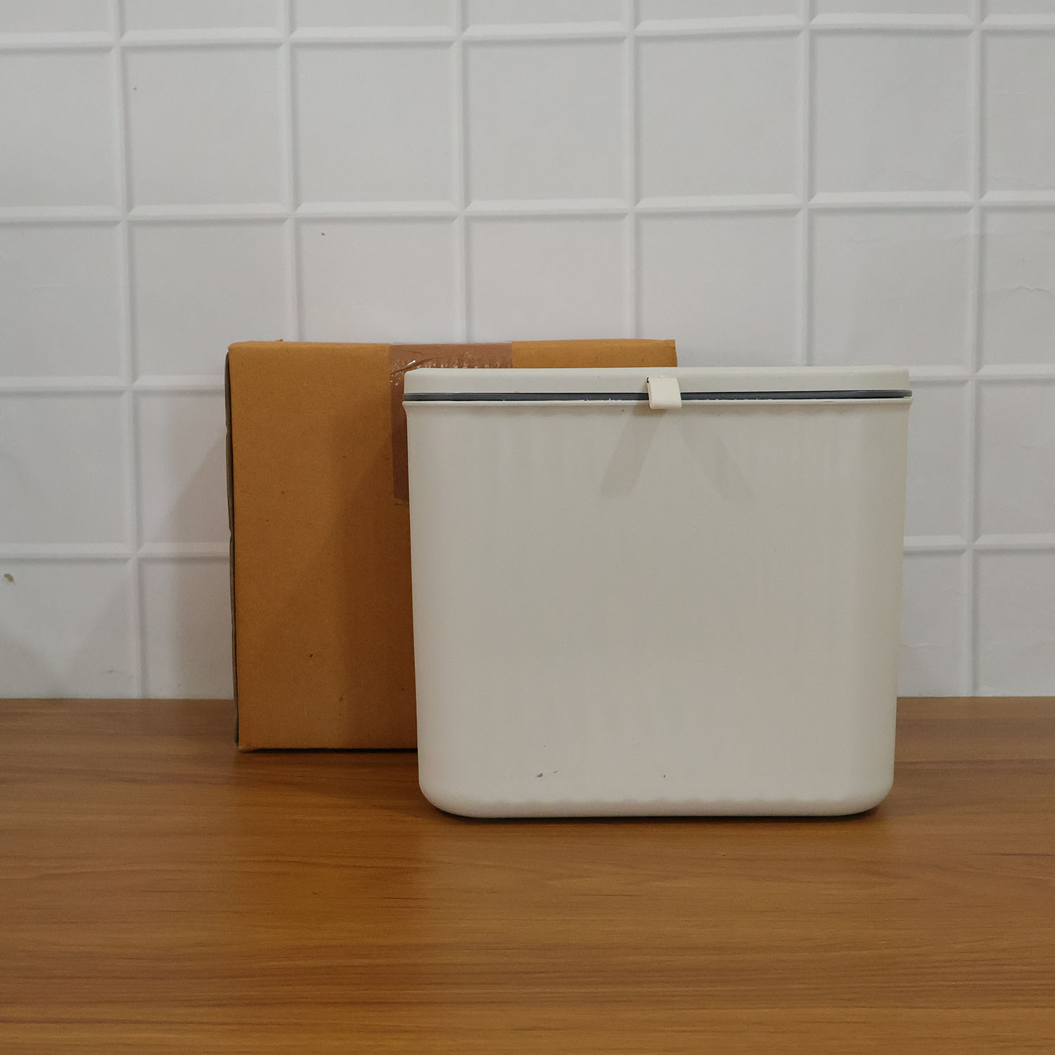Hygienic kitchen dustbin with closed lid mounted on wall