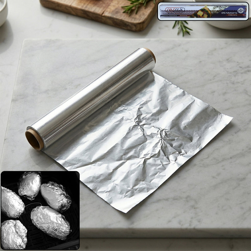 Heavy-duty aluminium foil roll for kitchen use in stainless steel dispenser