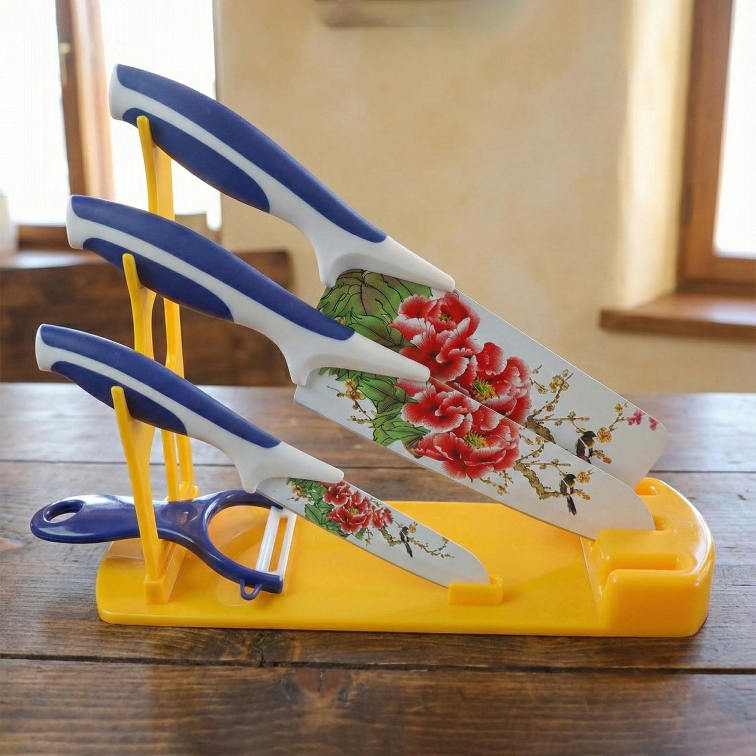 Back view of the durable plastic knife stand, showing its sturdy base for enhanced stability.